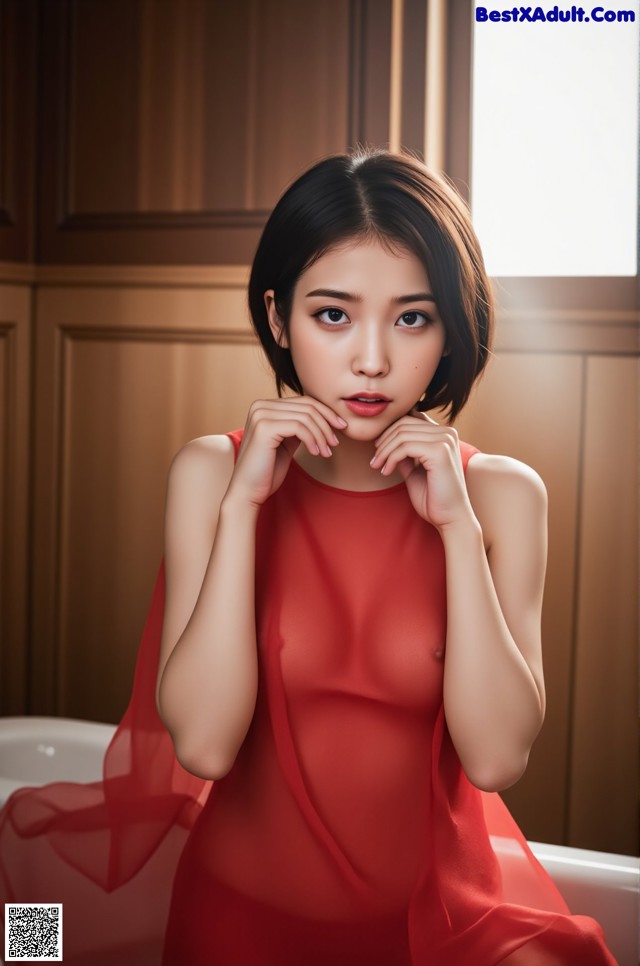 A woman in a red dress sitting in a bathtub.