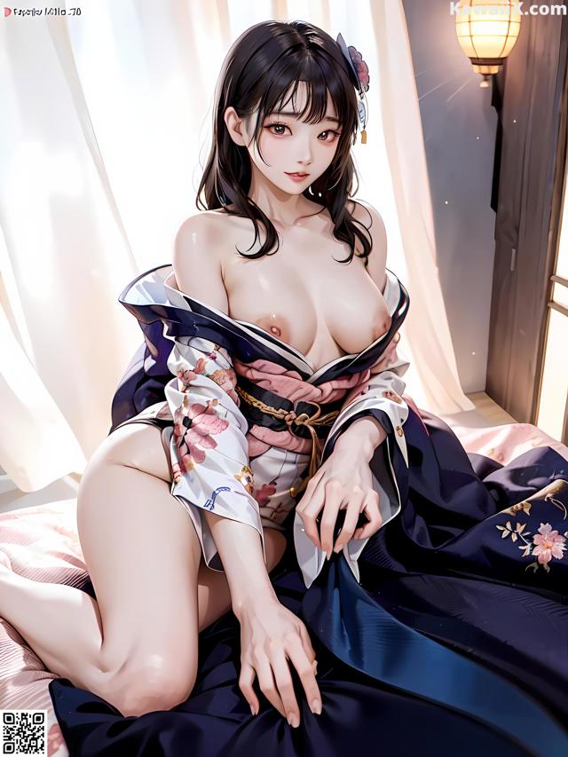 A woman in a kimono sitting on a bed.