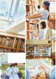 A collage of photos of a woman reading a book.