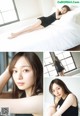 A woman in a black dress laying on a bed.